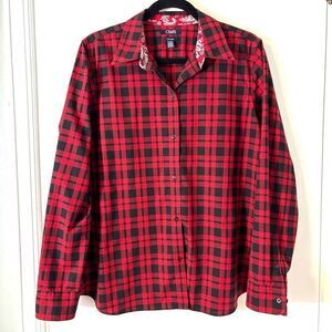 Chaps XL red & black check no iron cotton contrast print detail button front shi